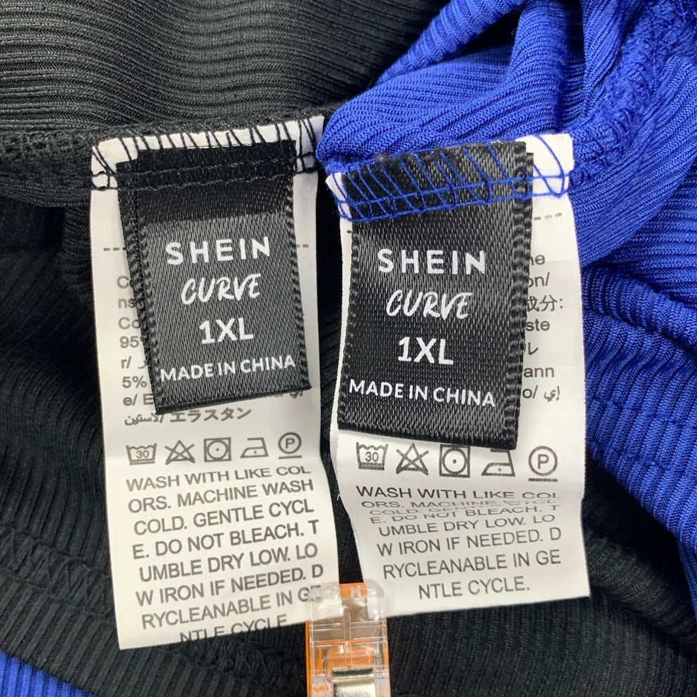 Lot of 2 Shein Curve Womens 1X Short Sleeve Ribbed Deep V Neck Faux Wrap Tops