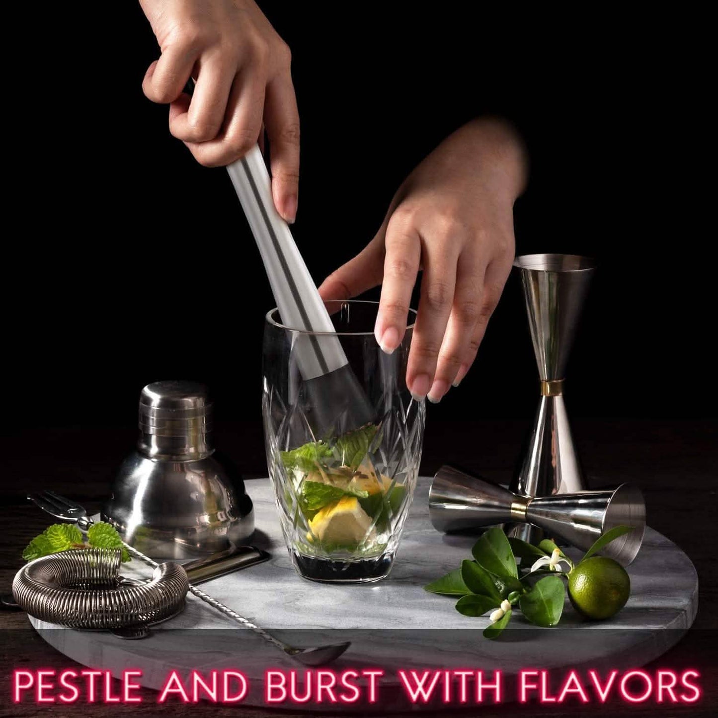2-Piece Set: Hiware 10 Inch Stainless Steel Cocktail Muddler and Mixing Spoon Home Bar Tool Set