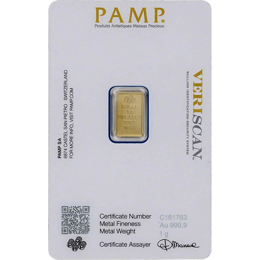 1 Gram Gold Bar PAMP Suisse Fortuna 999.9 Fine in Sealed Assay