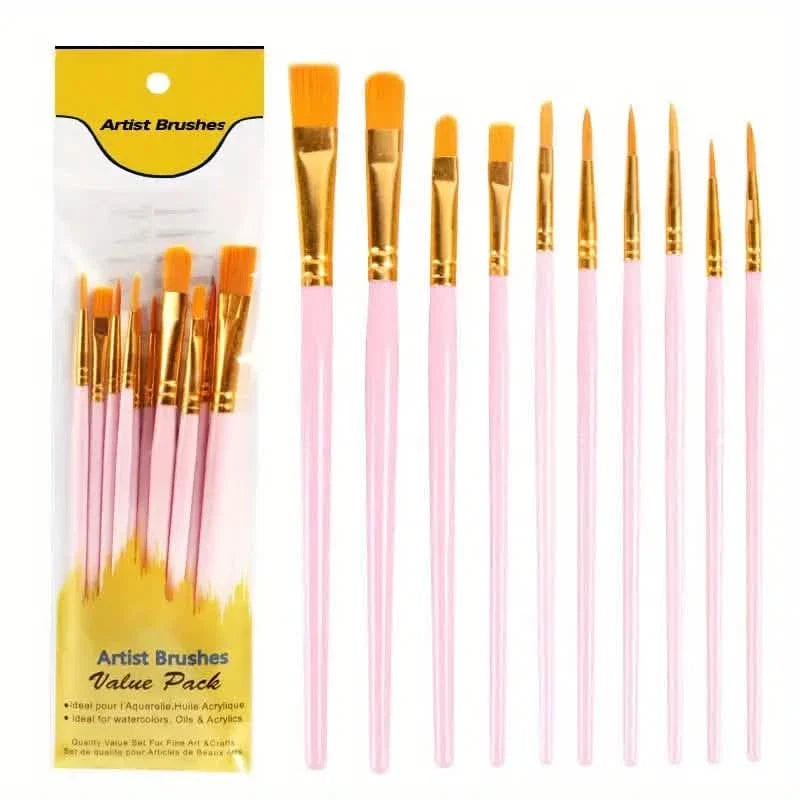 10-Pieces: Artist Paintbrush Nylon Round Pointed Flat Head Set