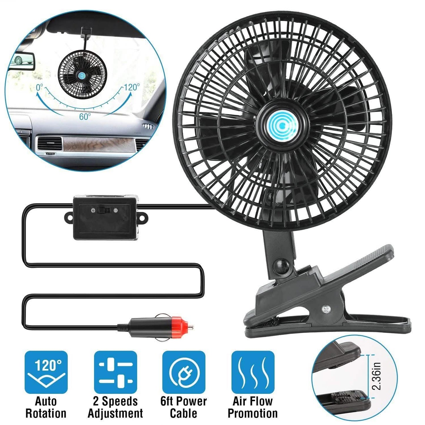 12V Car Fan Oscillating Clip on Cooling Fan with 2 Speeds 120° Rotation
