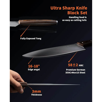 15-Pieces Set: YOLEYA Kitchen Knife Set with Block Wooden Triple Rivets