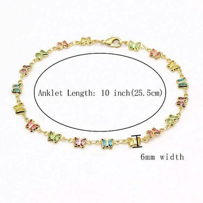 18k Gold Filled High Polish Finish Multi Color Crystal Butterfly Ankle Bracelet