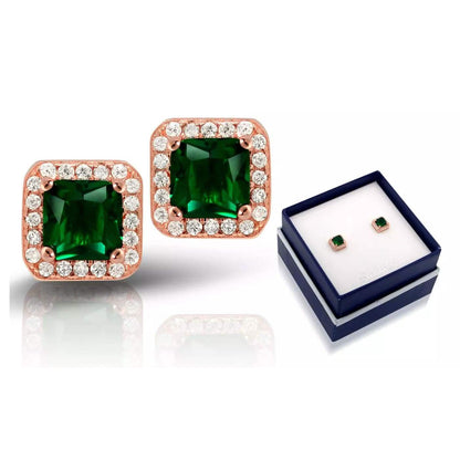 18K Rose Gold Over Sterling Silver Created Green Emerald Halo Studs by MUIBLU Gems