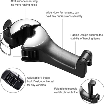 2-Pack: 2-in-1 Car Seat Hooks for Purses and Bags with Phone Holder
