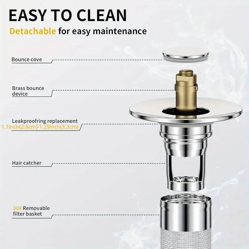 2-Pack: Pop-Up Bathroom Sink Stopper with Stainless Steel Drain Filter and Hair Catcher