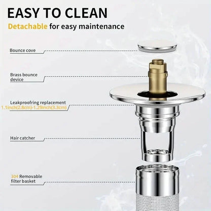 2-Pack: Pop-Up Bathroom Sink Stopper with Stainless Steel Drain Filter and Hair Catcher