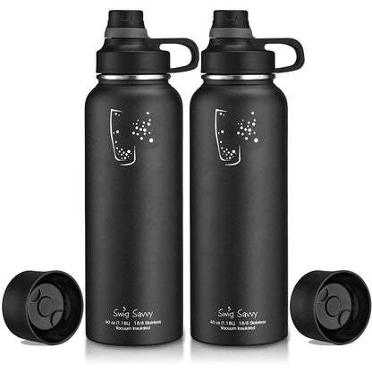 2-Pack: Stainless Steel Wide Mouth Insulated Water Bottle with Interchangeable Caps