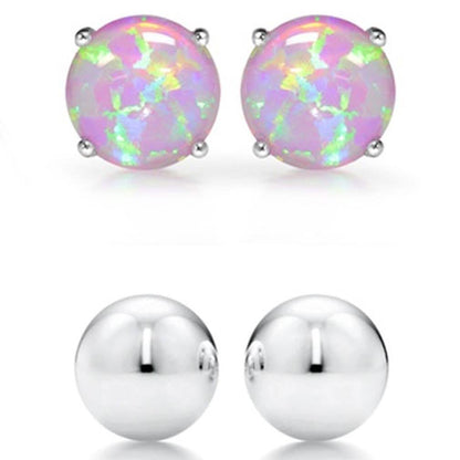 2-Pairs: Pink Opal Stud and Sterling Silver Ball Stud Set
