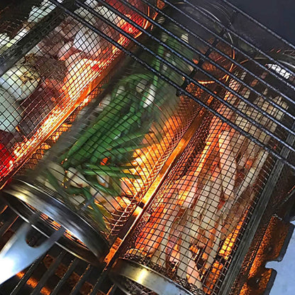 2-Piece: Portable BBQ Rolling Basket Round Stainless Steel Grill