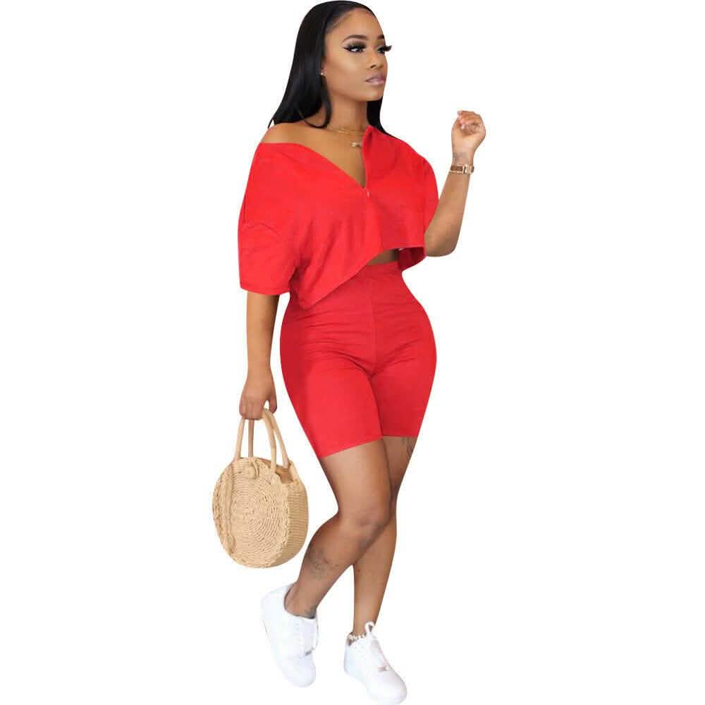 2-Piece Set: Women Solid Color Short Sleeves Zipper Casual Jumpsuit Outfits