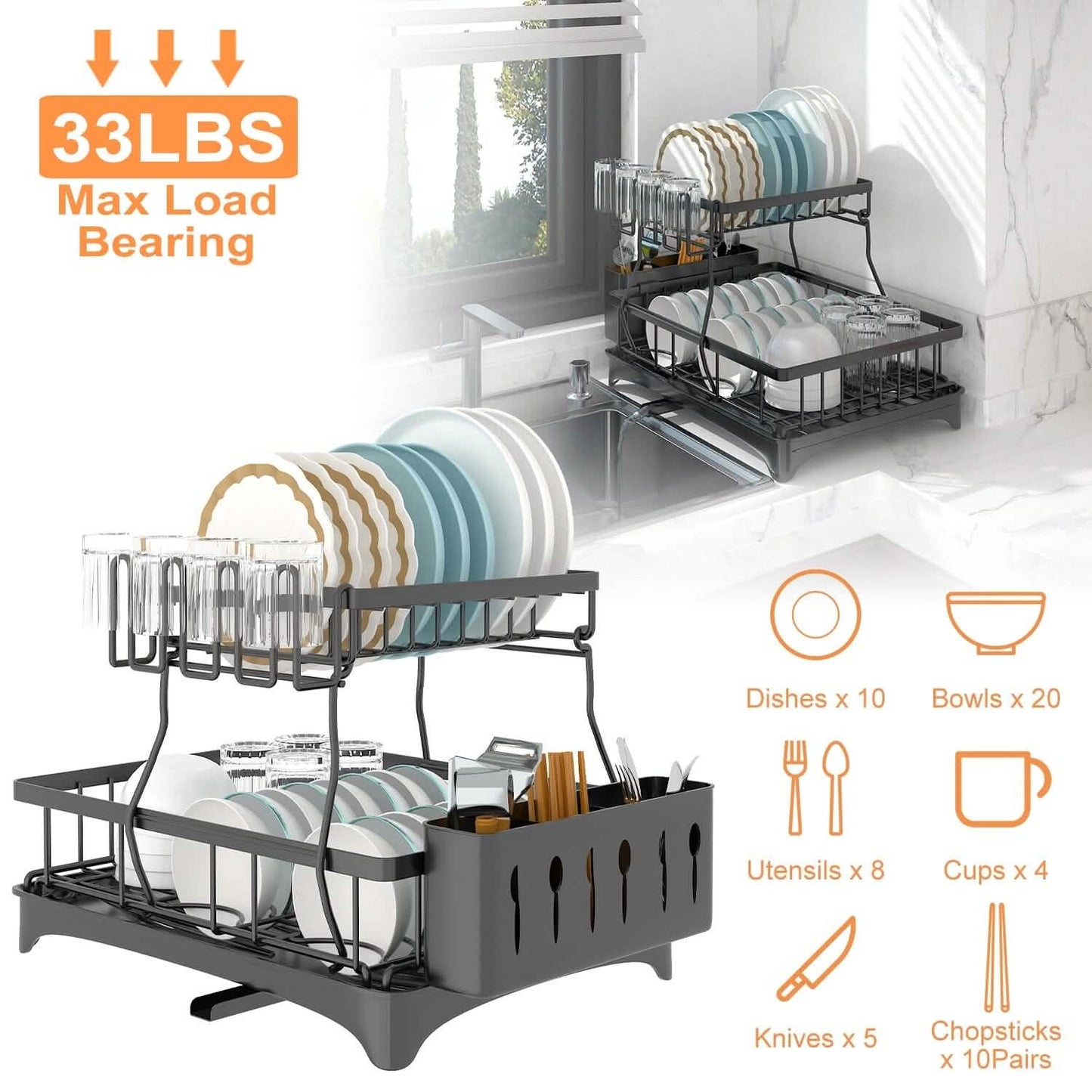 2-Tier Dish Rack Drainer Organizer Set with Utensil Cup Holder Rack Swivel Spout