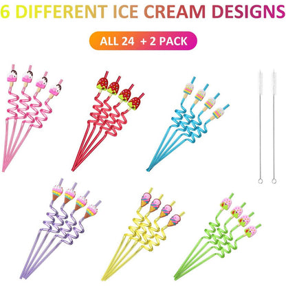24-Pack: Reusable Ice Cream Straws for Birthday Party Supplies