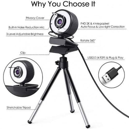 2K HD Webcam with Built-In 18 LED Adjustable Ring Light and Microphone