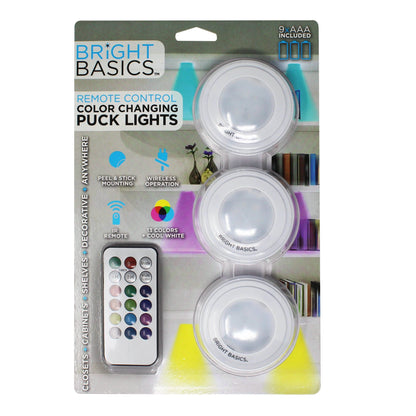 3-Pack: Bright Basics Color Changing Wireless LED Puck Lights w/ Remote Control