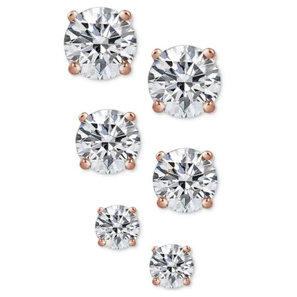 3-Pair Set: Sterling Silver Crystal Stud Earrings