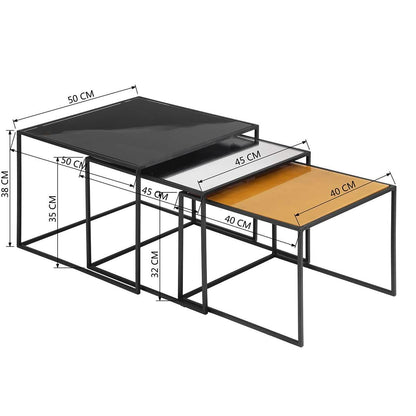 3-Piece: Mirror Top Nesting Coffee Table End Desk/Side Table Set in Black Steel Tube