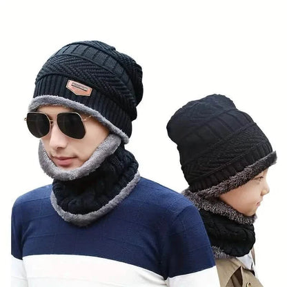 3-Piece Set: Black Knit Hats Warm Beanies Winter Neck Gaiter Elastic Gloves