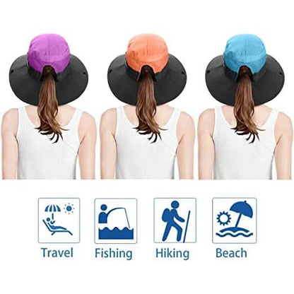 3-Piece: Women's Ponytail Wide Brim Sun Hat