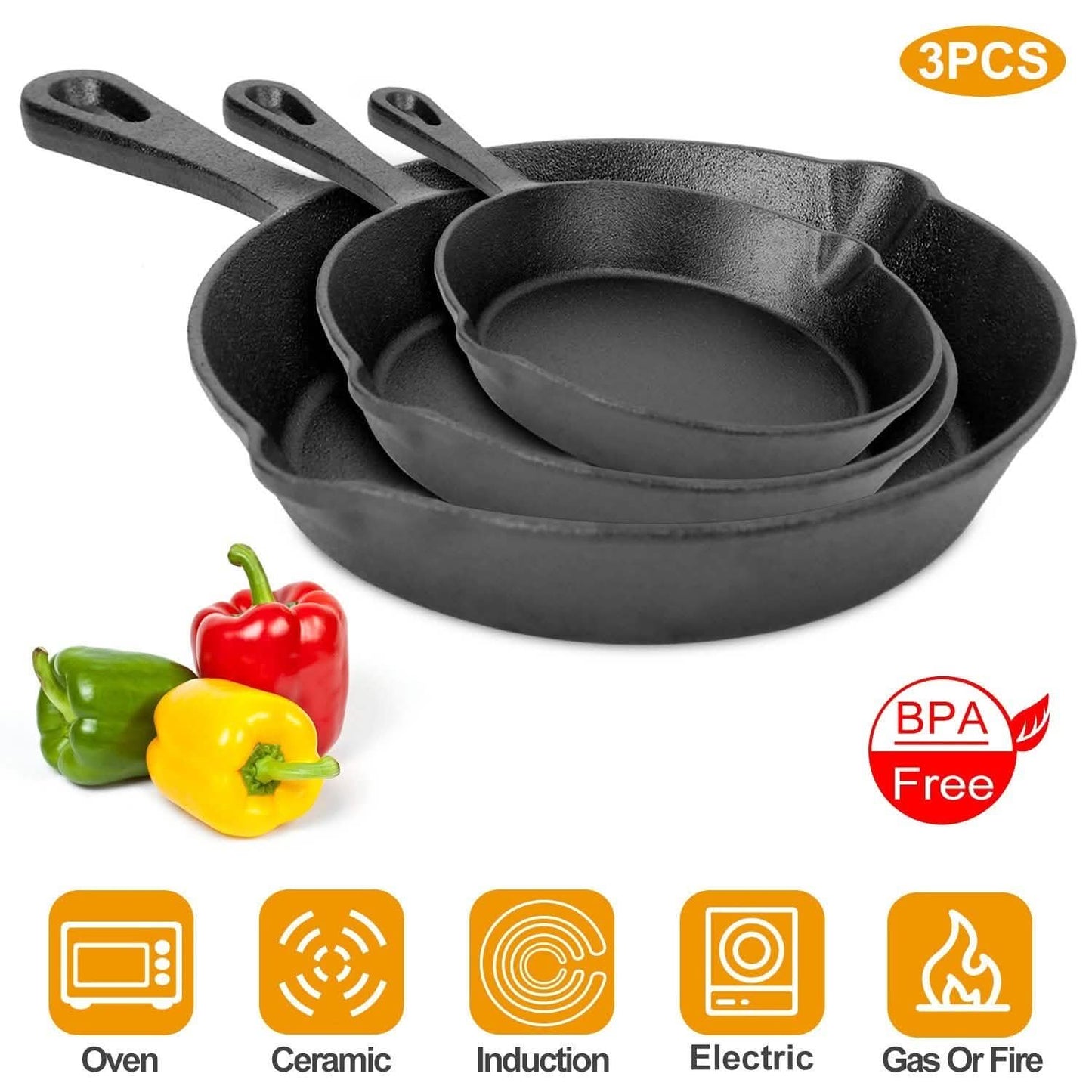 3-Pieces: Pre-Seasoned Cast Iron Skillet