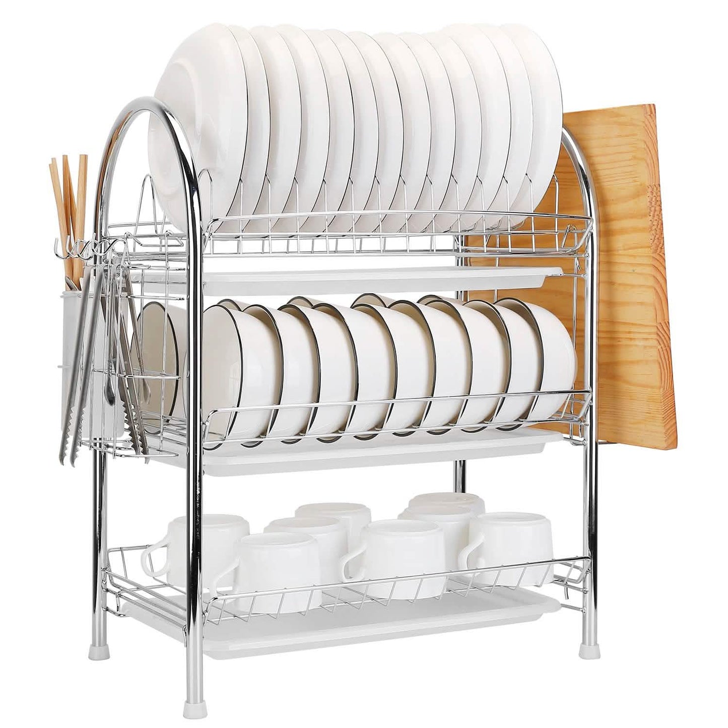 3-Tier Dish Drying Rack Shelf with 3 Drain Trays Chopping Board