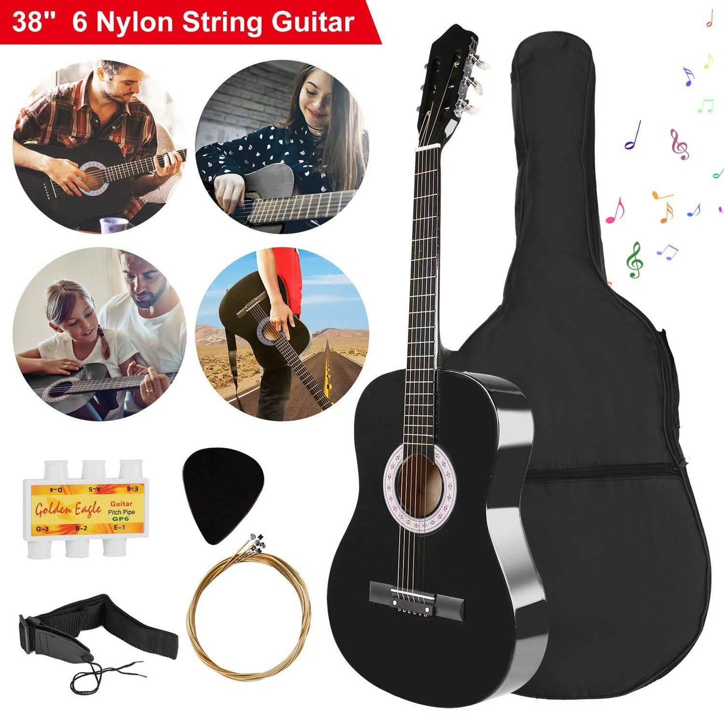 38" Acoustic Beginners Guitar with Guitar Bag Strap Tuner Extra String