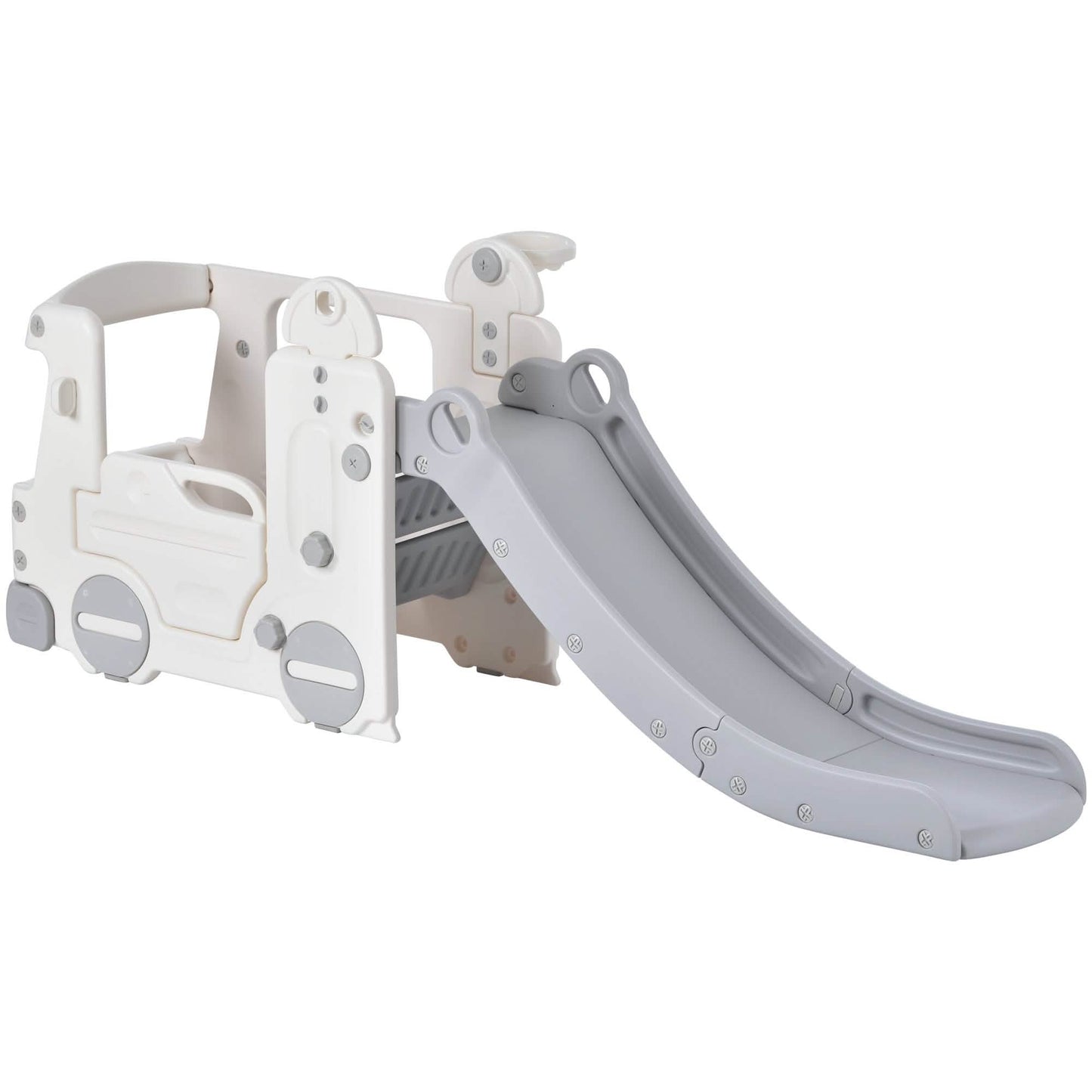 4-in-1 Slide with Bus Climber Slide Set with Basketball Hoop Indoor and Outdoor