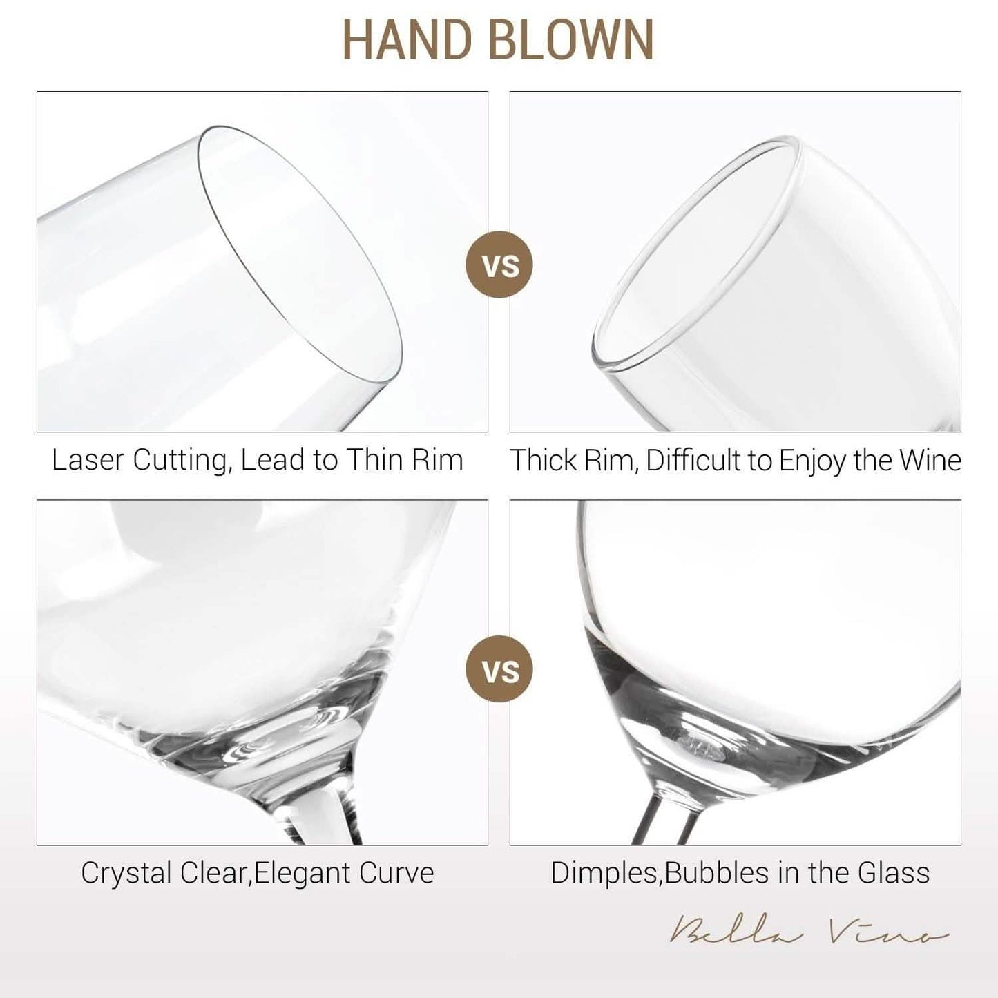 4-Pack: Bella Vino Standard Hand Blown Crystal Red/White Wine Glasses