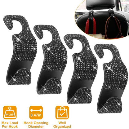 4-Pack: Car Headrest Hooks Bling Rhinestones Back Seat Organizer Hanger Holder