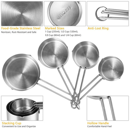 4-Piece: Stainless Steel Measuring Cups Stackable Kitchen Spoons Set