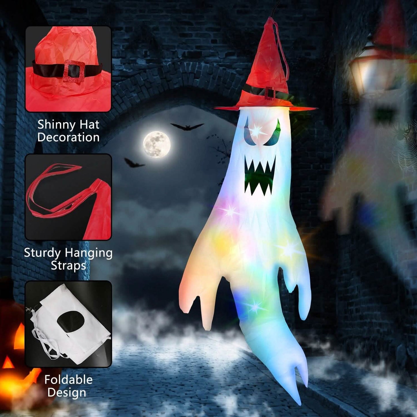 4-Pieces: Halloween Ghosts with Witch Hats Windsocks Hanging Decoration with Colorful LED Light