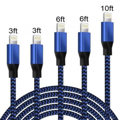 5-Pack: Heavy Duty Braided iPhone Lightning USB Cable Charger Cords