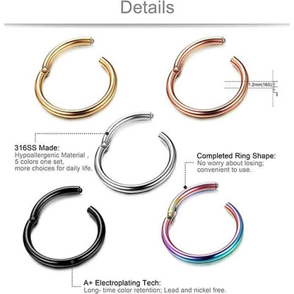 5-Piece: Stainless Steel Septum Piercing Nose Hoop Ring