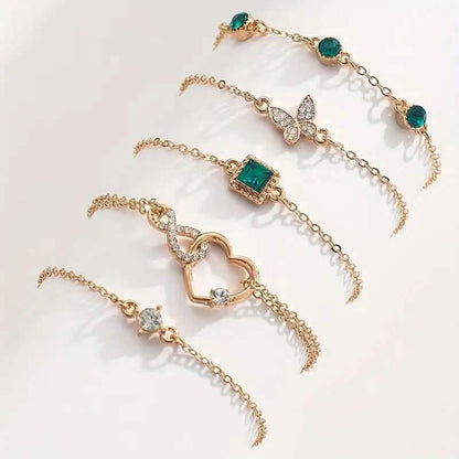 5-Pieces: Love Full Throw Diamond Shining Infinite Symbol Geometry Green Rhinestone Bracelet Set