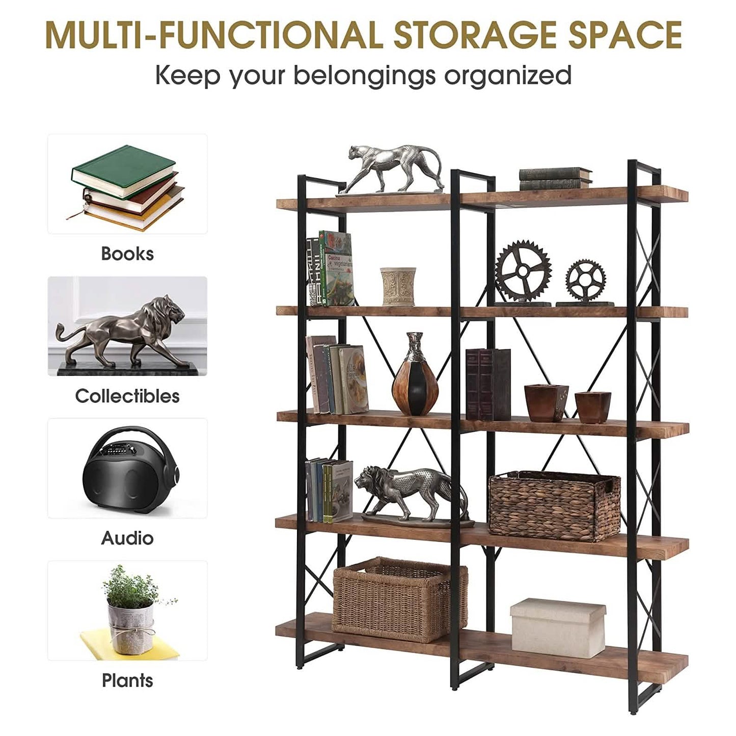 5-Tier Bookcase Industrial Bookshelf