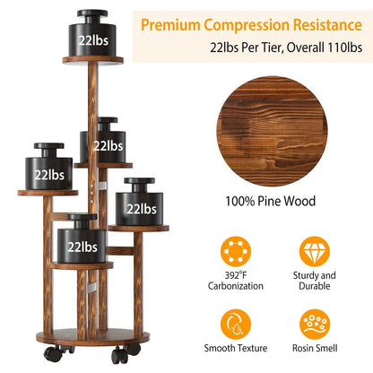 5-Tier Plant Stand with 4 Detachable Wheels Wooden Plant Pot Rolling Shelf