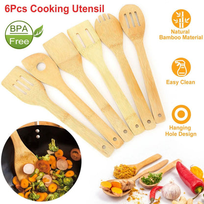 6-Pieces: Cooking Utensil Bamboo Wooden Spoons