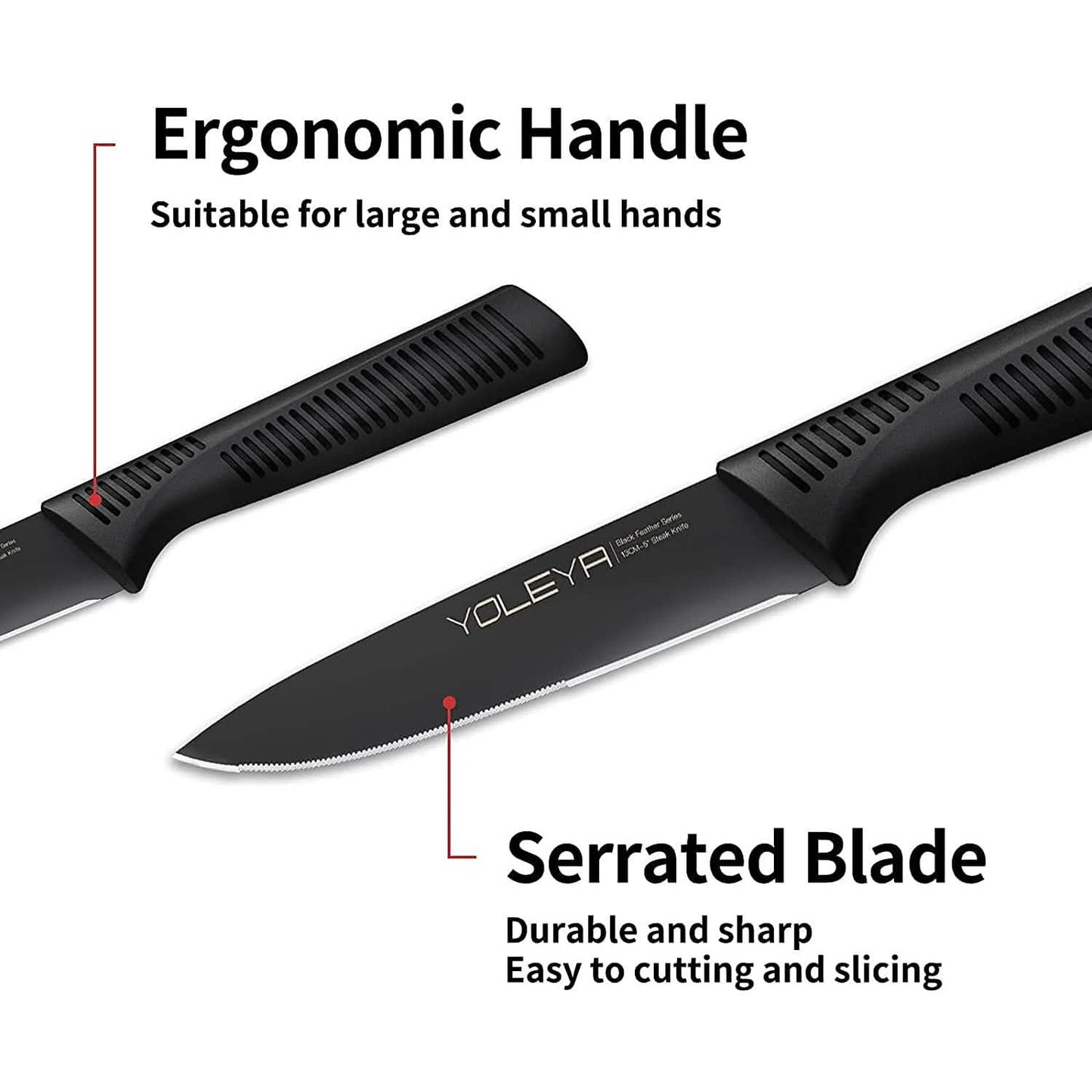 6-Pieces Set: YOLEYA High Carbon German Stainless Steel Black Serrated Steak Knife Set