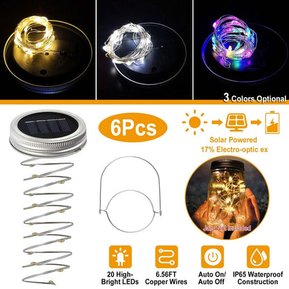 6-Pieces: Solar Powered Mason Jar Lid Lights 20 LEDs