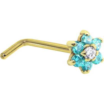 Solid 14K Yellow Gold Mint Green and Clear Cubic Zirconia Flower Nose Ring