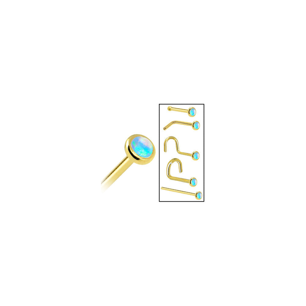 Solid 14K Yellow Gold 2mm Light Blue Synthetic Opal Nose Ring