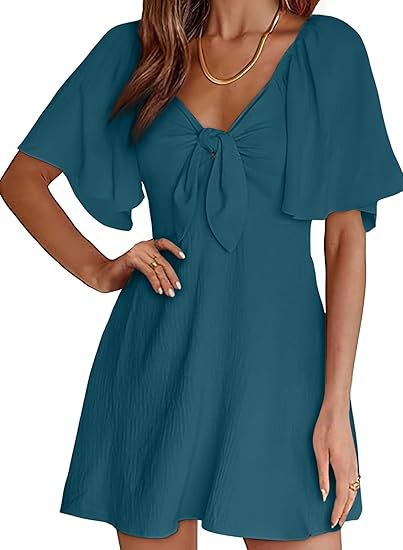 Women Clothing Shein V Neck Bow Lace Up Short Sleeve Mini Dress