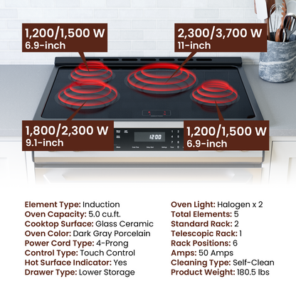 Rangaire 30" Induction Range Self-cleaning Air Fry True Convection Oven Slide-in Stainless Steel RRI303GS