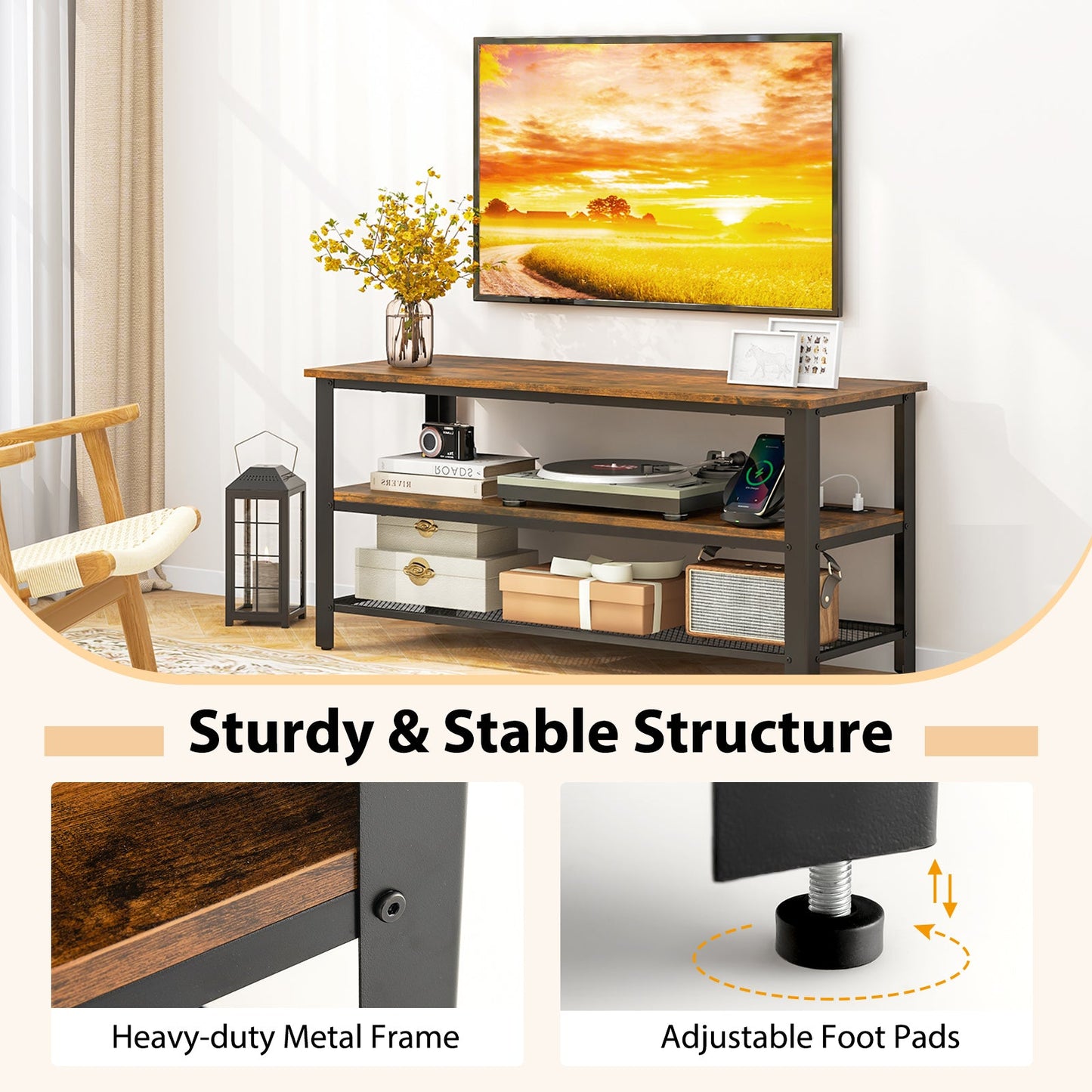 Industrial TV Stand up to 50 Inches with Power Outlets and USB Ports-Rustic Brown