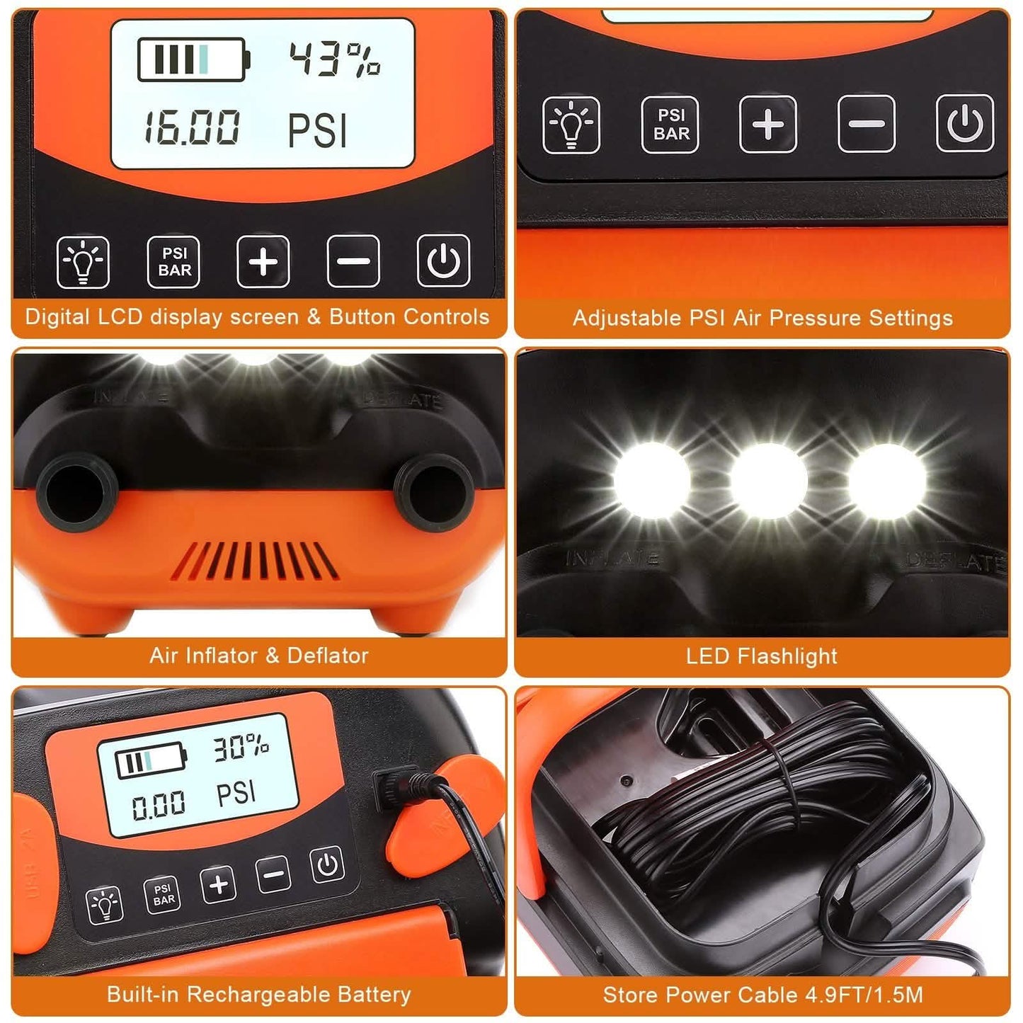 AGPtEK Electric Air Pump Digital 16PSI 12V Rechargeable SUP Electric Air Pump Compressor