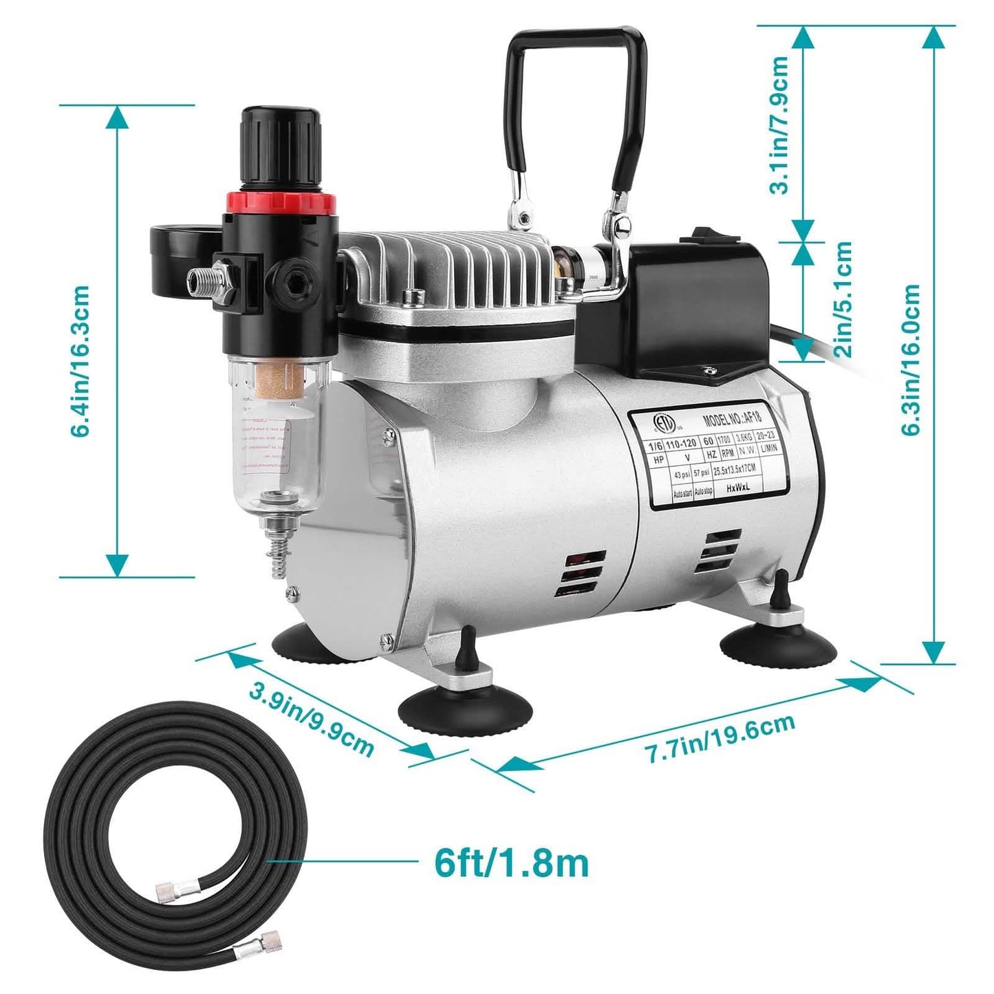 Airbrush Compressor Kit with 6ft Air Hose and Airbrush Holder