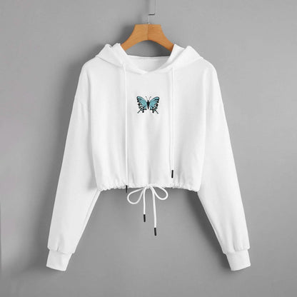 Butterfly Print Drawstring Hem Hoodie