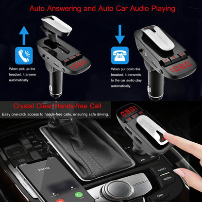Car FM Transmitter with Wireless Earpiece 2 USB Charge Ports