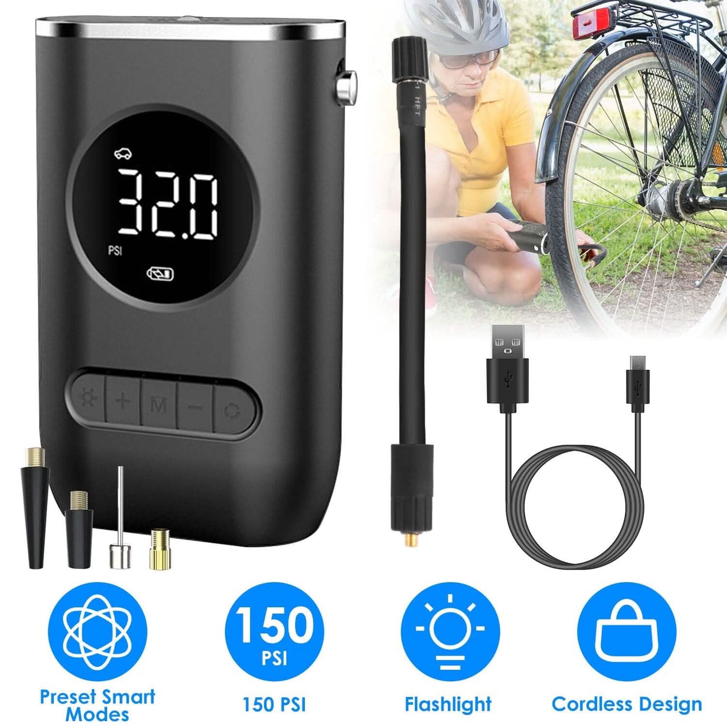 Car Tire Inflator Pump Portable 150 PSI with LED Light