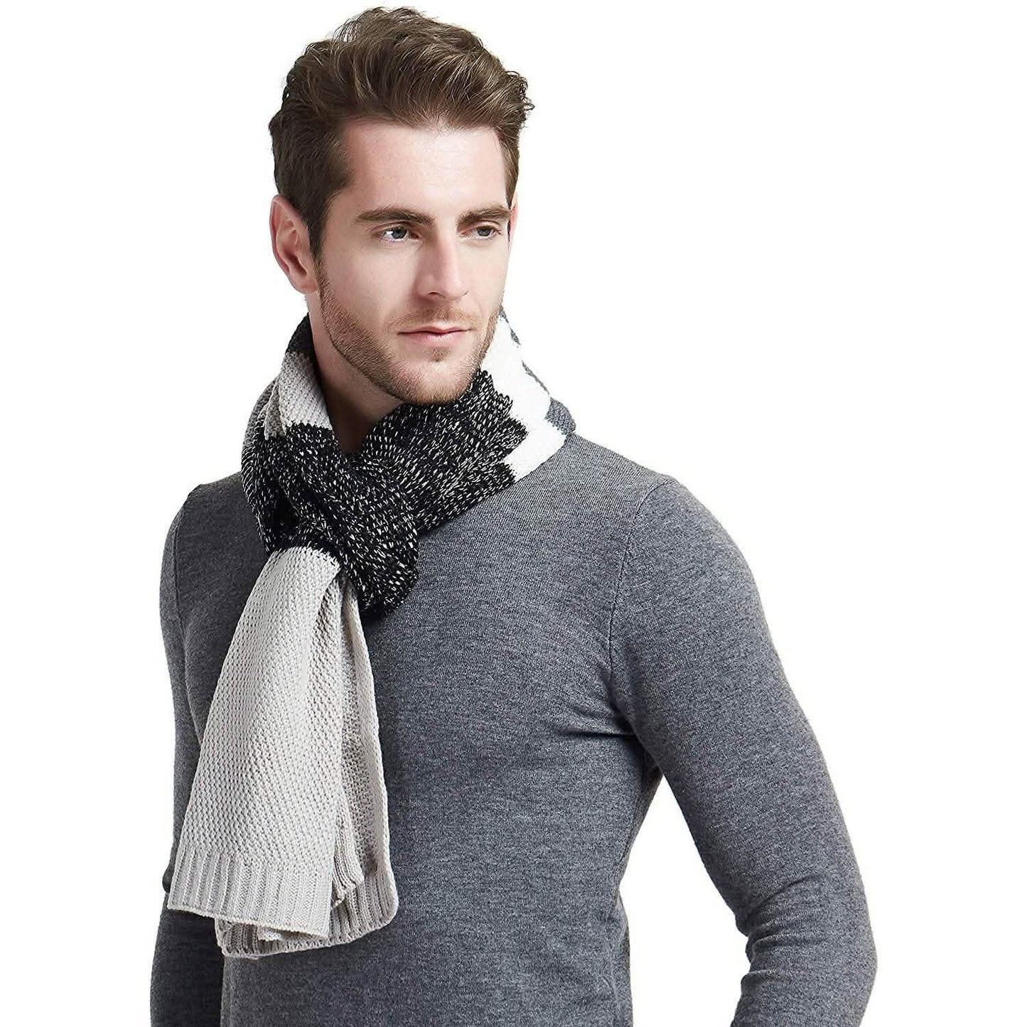 Cashmere Feel Wool Blend Long Scarf Color Block Striped Patchwork